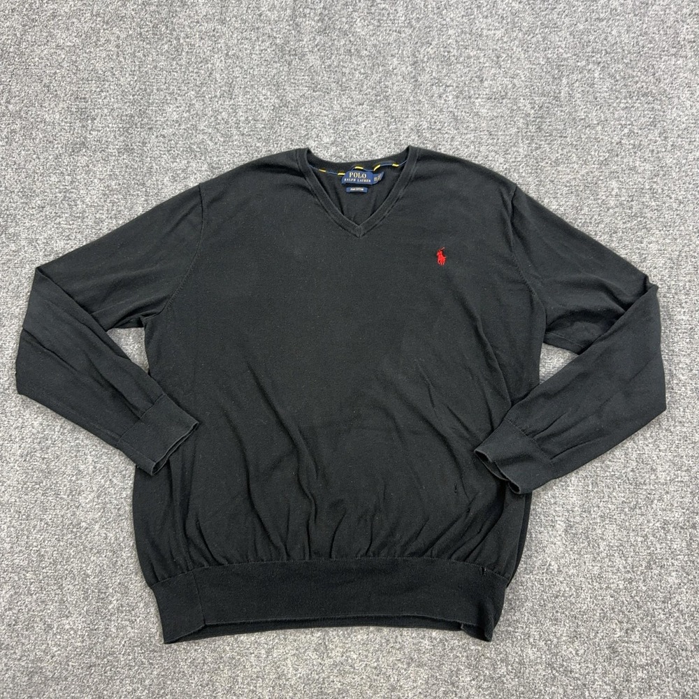 Polo Ralph Lauren Sweater Mens 2XL Black V Neck Pima Cotton Knit Pullover